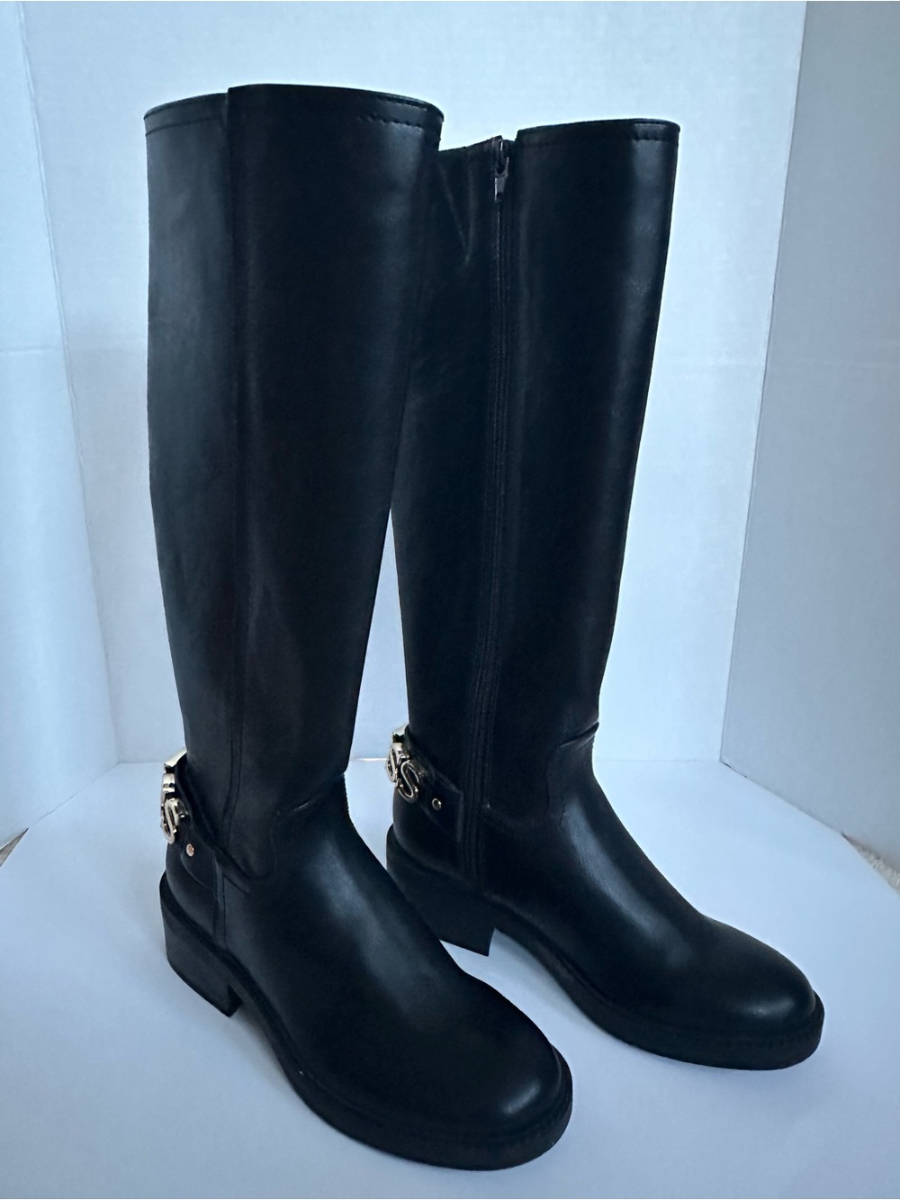 GUESS Black Faux Leather Riding Boots Gold Logo Dark Academia Preppy Equestrian